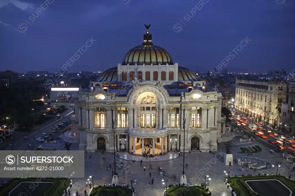 Mexico, Mexico City. Palacio de Bellas Artes (Palace of Fine Arts) is the premier opera house of Mexico City. The building is famous for both its extravagant Beaux Arts exterior in imported Italian white marble and its murals by Diego Rivera, Rufino Tamayo, David Alfaro Siqueiros, and Jose Clemente Orozco.