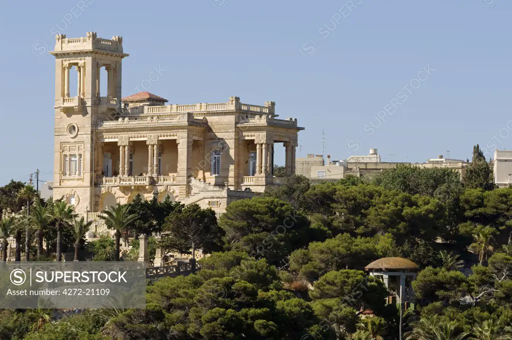 Malta, St George's Bay.  Villa Rosa, a luxury hotel set in beautiful gardens looks down on St George's Bay.