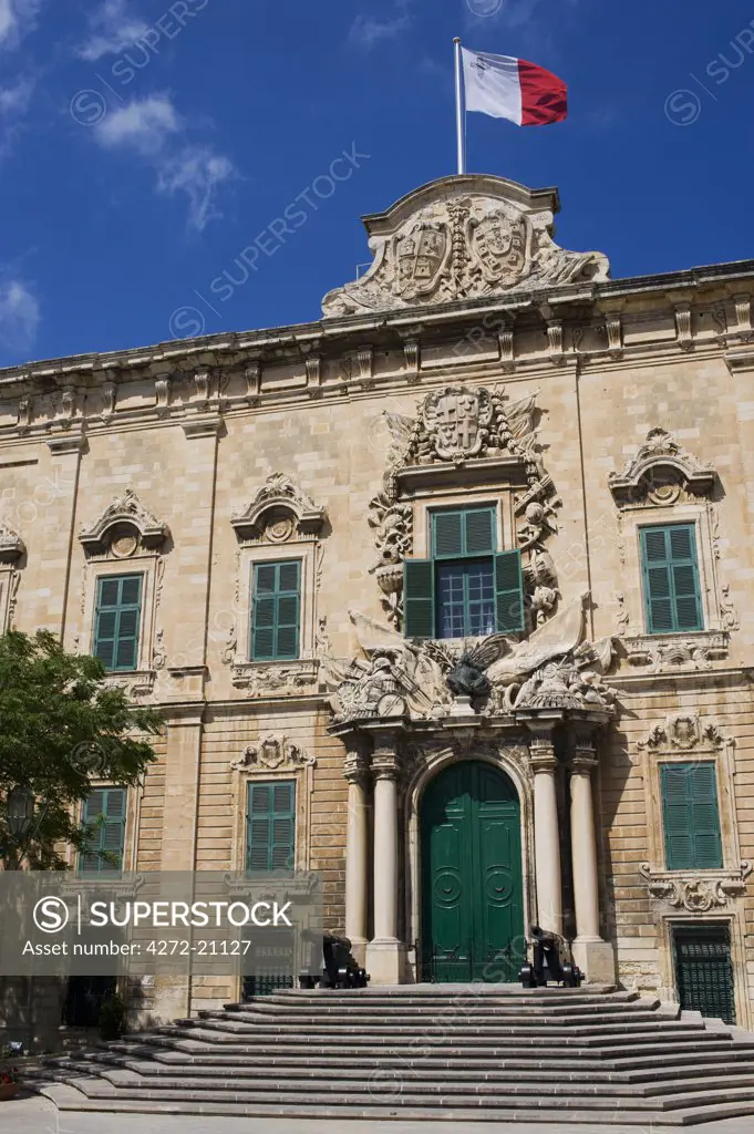 Malta, Valletta. The Auberge de Castille et Leon, once a grand lodging for the Knights, now houses the office of the Maltese Prime Minister.