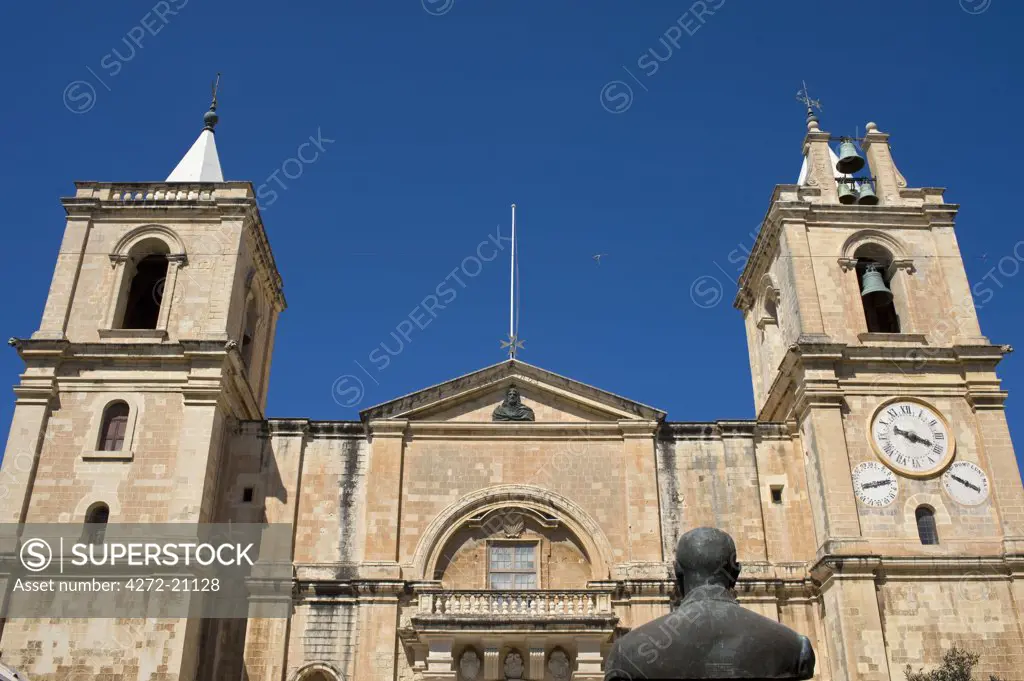 Malta, Valletta.  The facade of St John's Co-Cathedral in the centre of the walled city of Valletta.