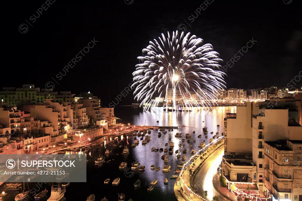 Malta, St. Julians Bay, St. Julians, fireworks mark the feast day of St. Julian.