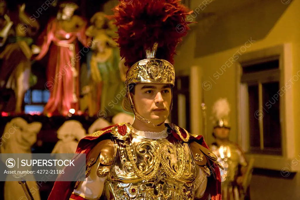 Malta, Qormi; A man dressed as a Roman General during the Good Friday processions.