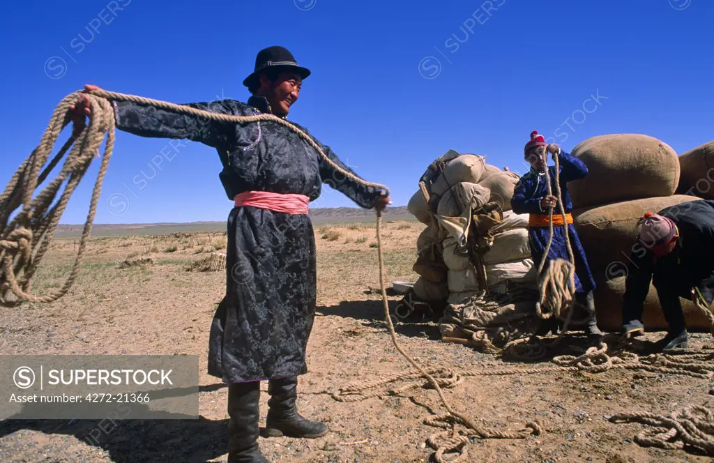 Mongolia, Gobi Desert. Preparing wool for transporting on camels in the Gobi Desert.