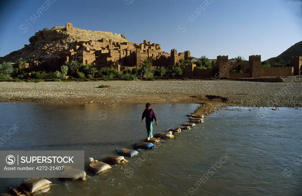 The UNESCO-restored kasbahs of Ait Benhaddou which have featured in several films such as 'Jesus of Nazareth'. Residents now make a modest living from tourism - and still access their homes by crossing a shallow river