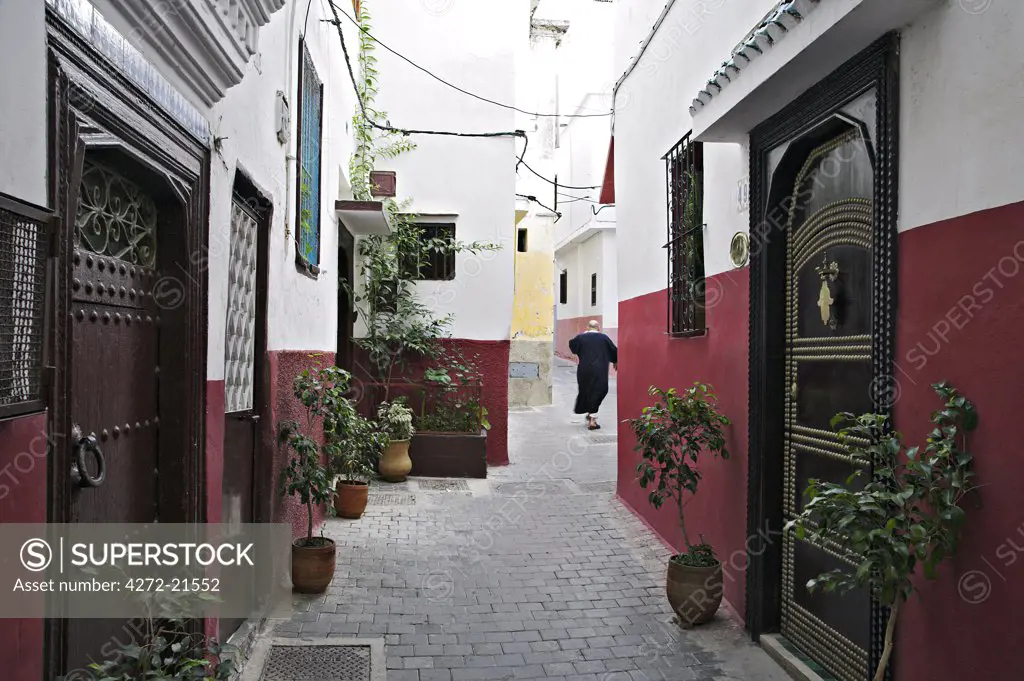 Street scene in the Kasbah or old fortress in the medina of Tangier.