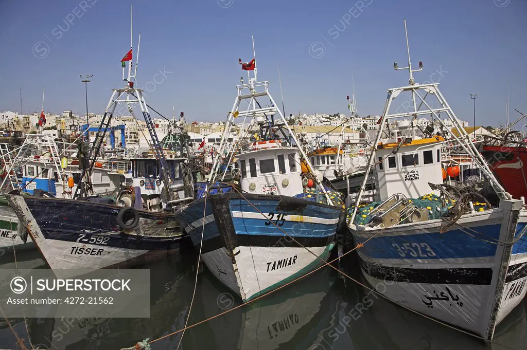 Boats moored in the busy fishing port in Tangier, Morocco.