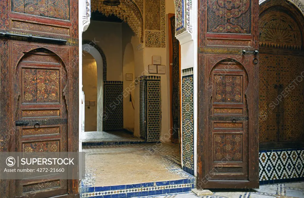 View looking into the interior of the Dar Jamai Museum, situated in a palace built in 1882 by the Jamai family, Meknes, Morocco.,