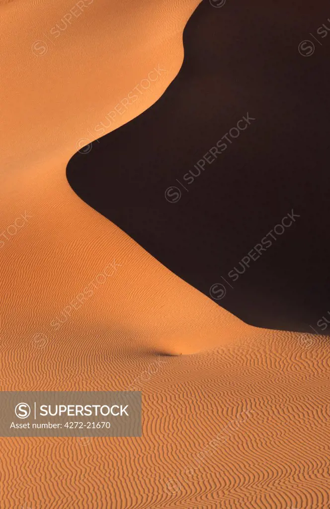Textures and shadows in the sand dunes of Erg Chebbi, near Merzouga in eastern Morocco.