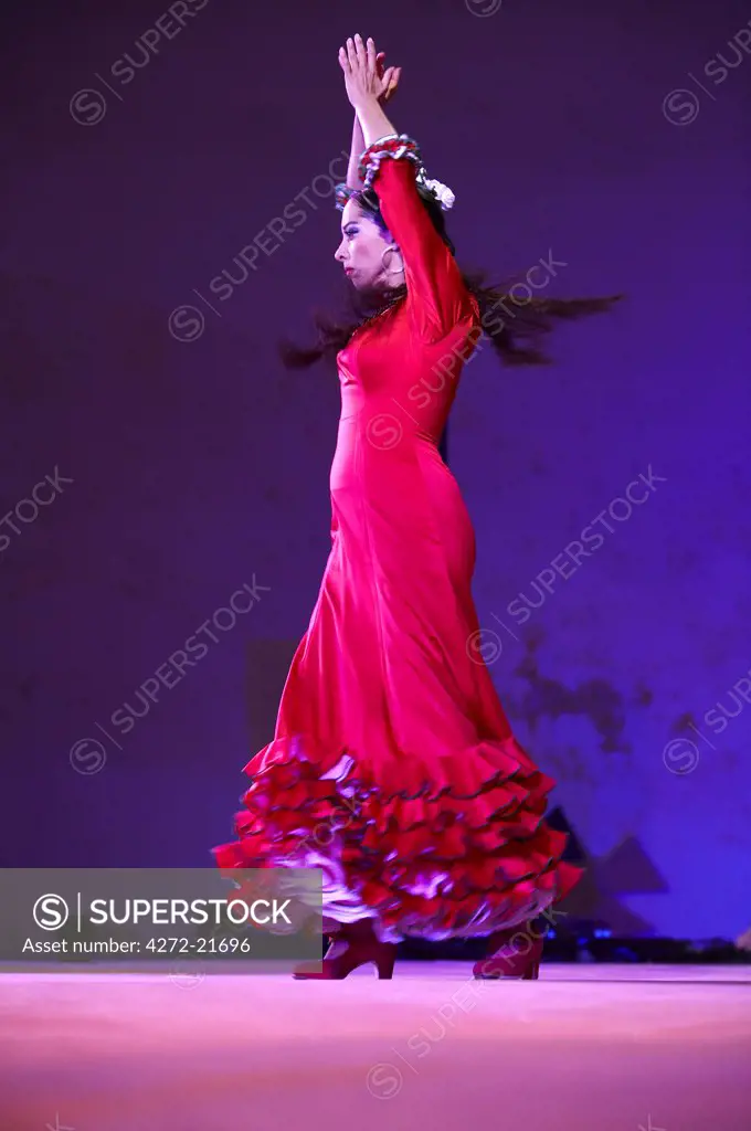 Morocco, Fes. Belen Maya performs Flamenco on the stage of the Bab Makina during the Fes Festival of Sacred World Music.