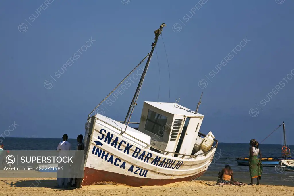 Mozambique, Inhaca Island. The Snack Bar Marujo lies beached on the west side of Inhaca Island. Inhaca Island is the largest island in the Gulf of Maputo, and lies 24km from the mainland.