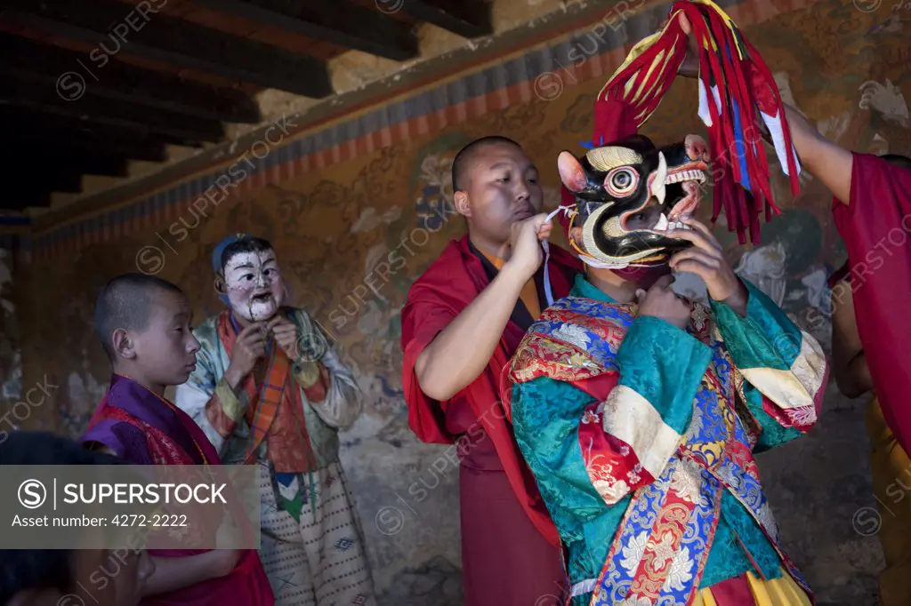 Participants prepare for the  Tamshingphala Tsechu in Bumthang, Bhutan.