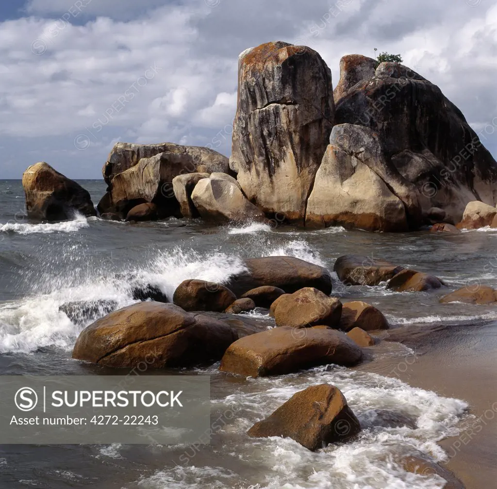 Smoothed by many centuries of wave action, huge rocks jut into the clear waters of Lake Malawi.  Africa's third largest body of water, and ninth largest in the world, Lake Malawi supports an exceptionally rich fish fauna.