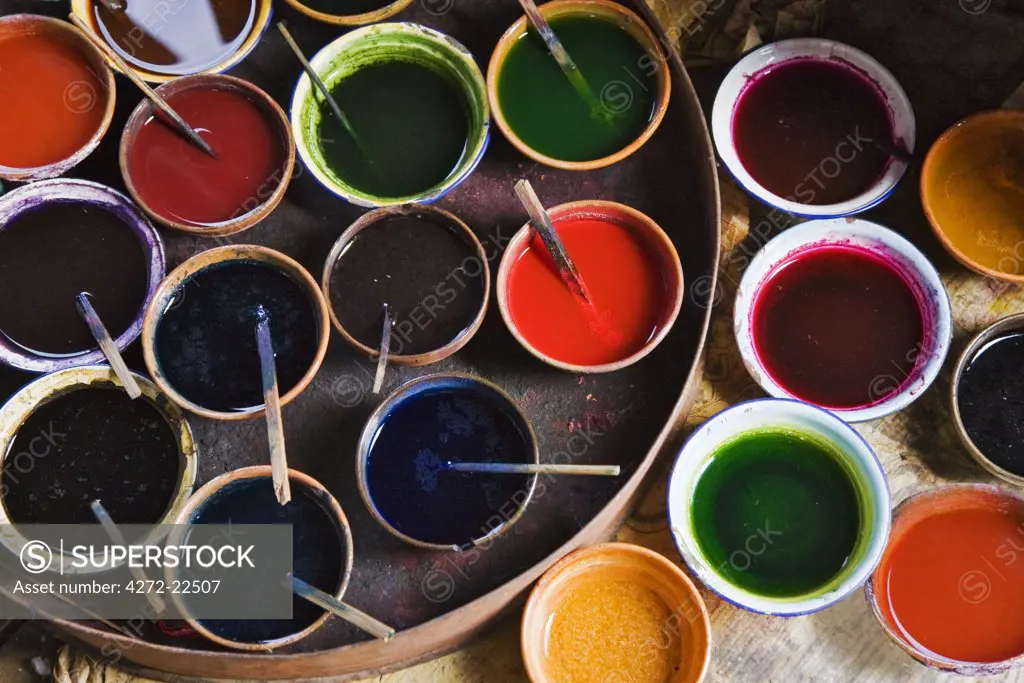 Myanmar, Burma, Lake Inle. A selection of dyes used in the production of local silk at Lake Inle.