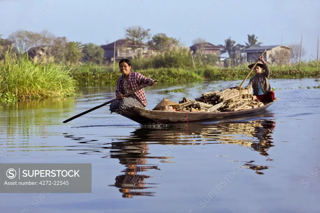 Myanmar, Burma, Lake Inle. Women taking wood to market by boat on Lake Inle with a typical Intha village of houses on stilts in the background.