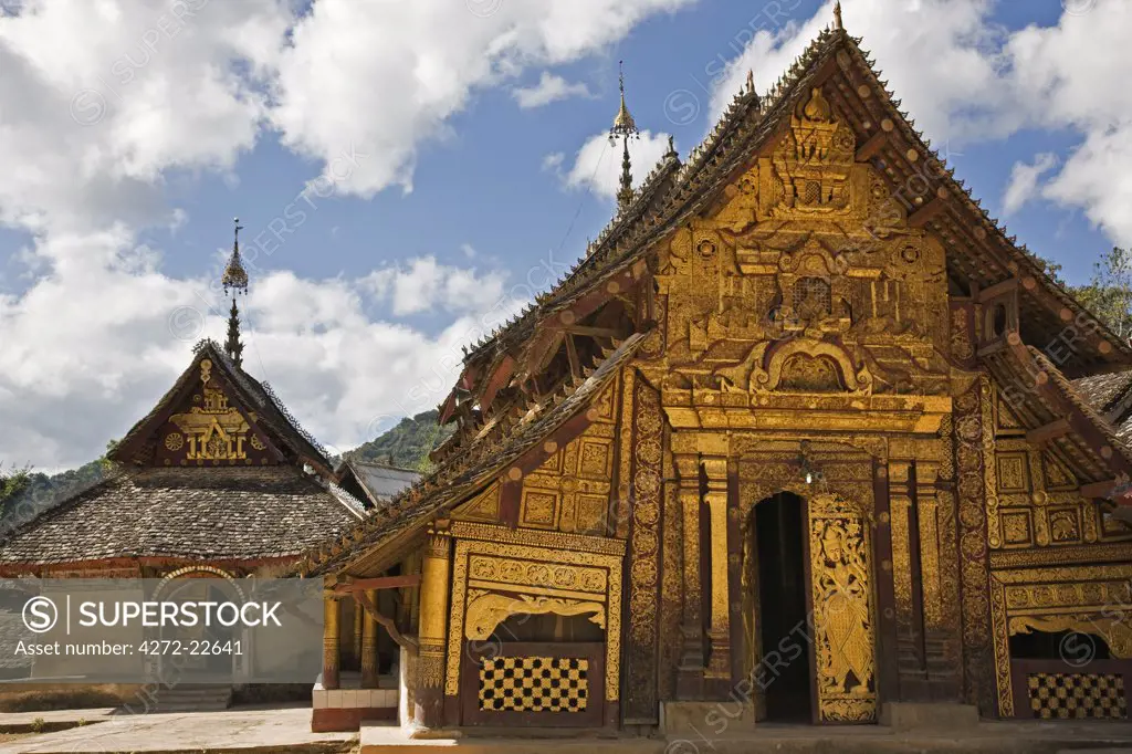 Myanmar, Burma, Wan-seeing.  The ornate 15th or 16th century Wan-seeing monastery tucked away in the Loi pan yawn hills had its foundations damaged by an earthquake.