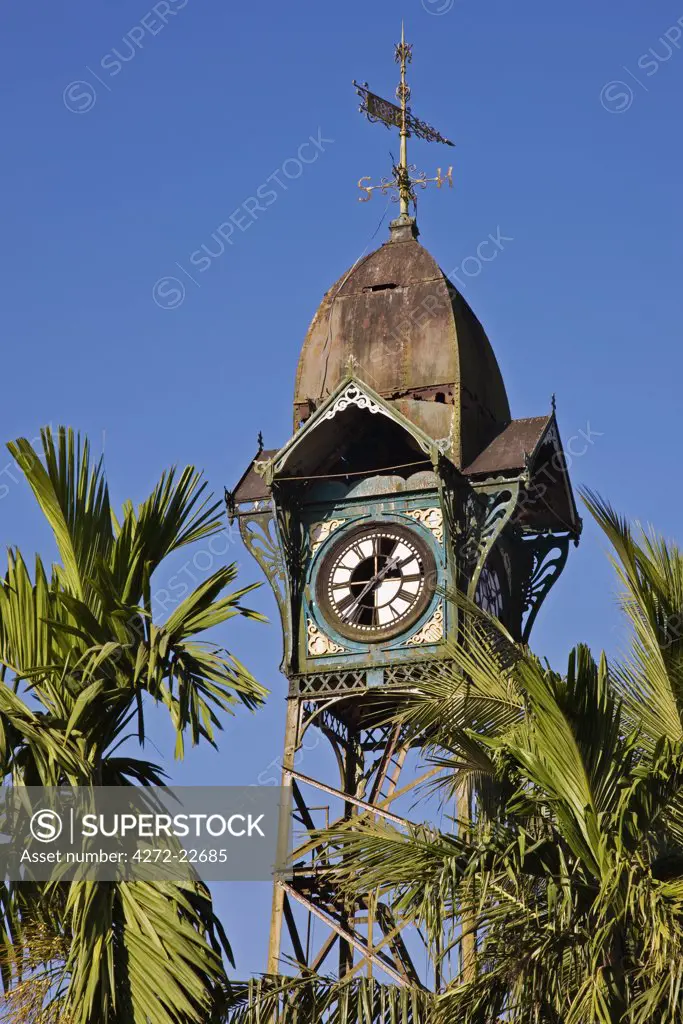 Myanmar, Burma, Rakhine State. The old clock tower at Sittwe, complete with weather vane, was erected by the Dutch on a steel structure in the eighteenth century.