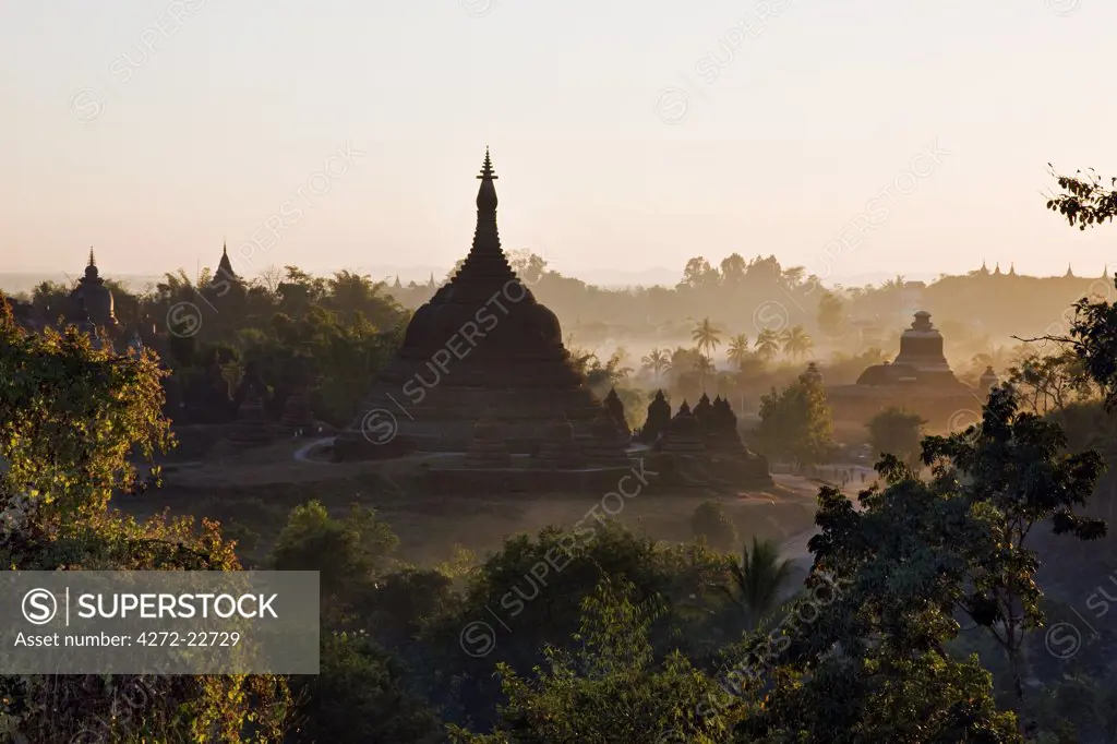 Myanmar, Burma, Mrauk U. Late afternoon sun bathes the historic bell-shaped temples of Mrauk U which were built in the Rakhine style between the 15th and 17th centuries.
