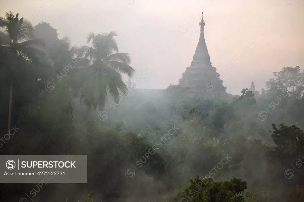 Myanmar, Burma, Mrauk U. Early morning mist shrouds an historic temple of Mrauk U built in the Rakhine style between the 15th and 17th centuries.