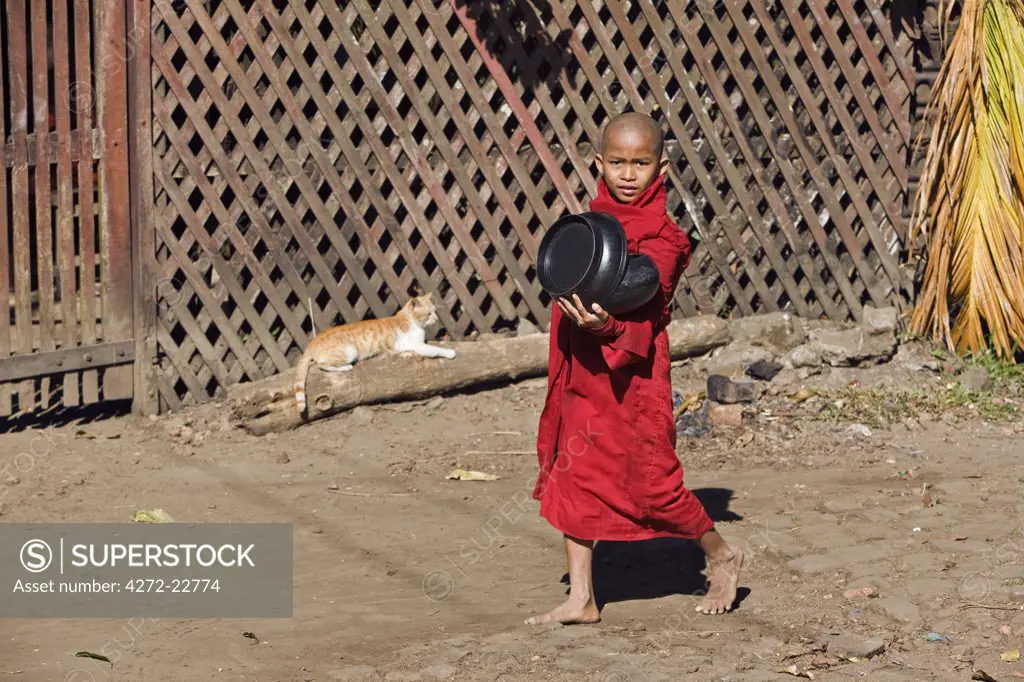 Myanmar, Burma, Rakhine State, Sittwe. A young novice monk walks down a side street in Sittwe with his begging bowl. All the food eaten by monks is donated daily by the community.