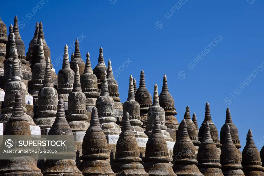 Myanmar, Burma, Mrauk U. Stupas at Kothaung Temple ('Kothaung' means 'Shrine of 90,000 images'), Mrauk U, Rakhine State.