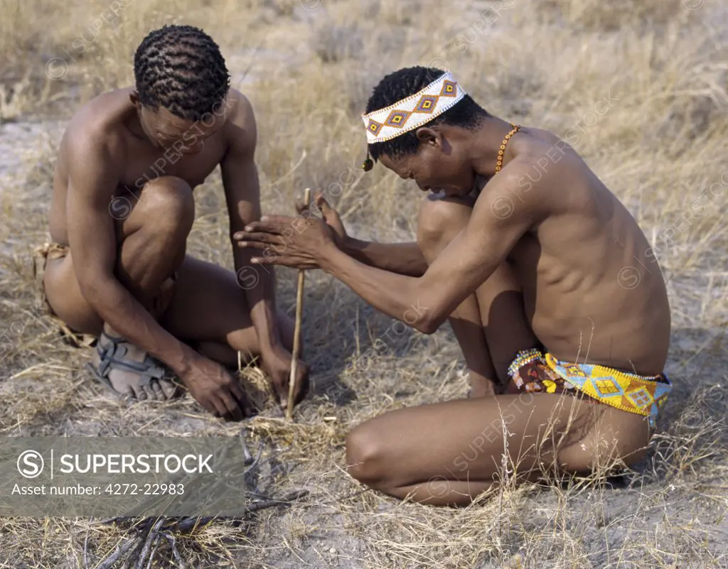Two Kung hunter gatherers light a fire using firesticks, often referred to as Bushmen. The Kung live in the harsh environment of a vast expanse of flat sand and bush scrub country straddling the Namibia -Botswana border.