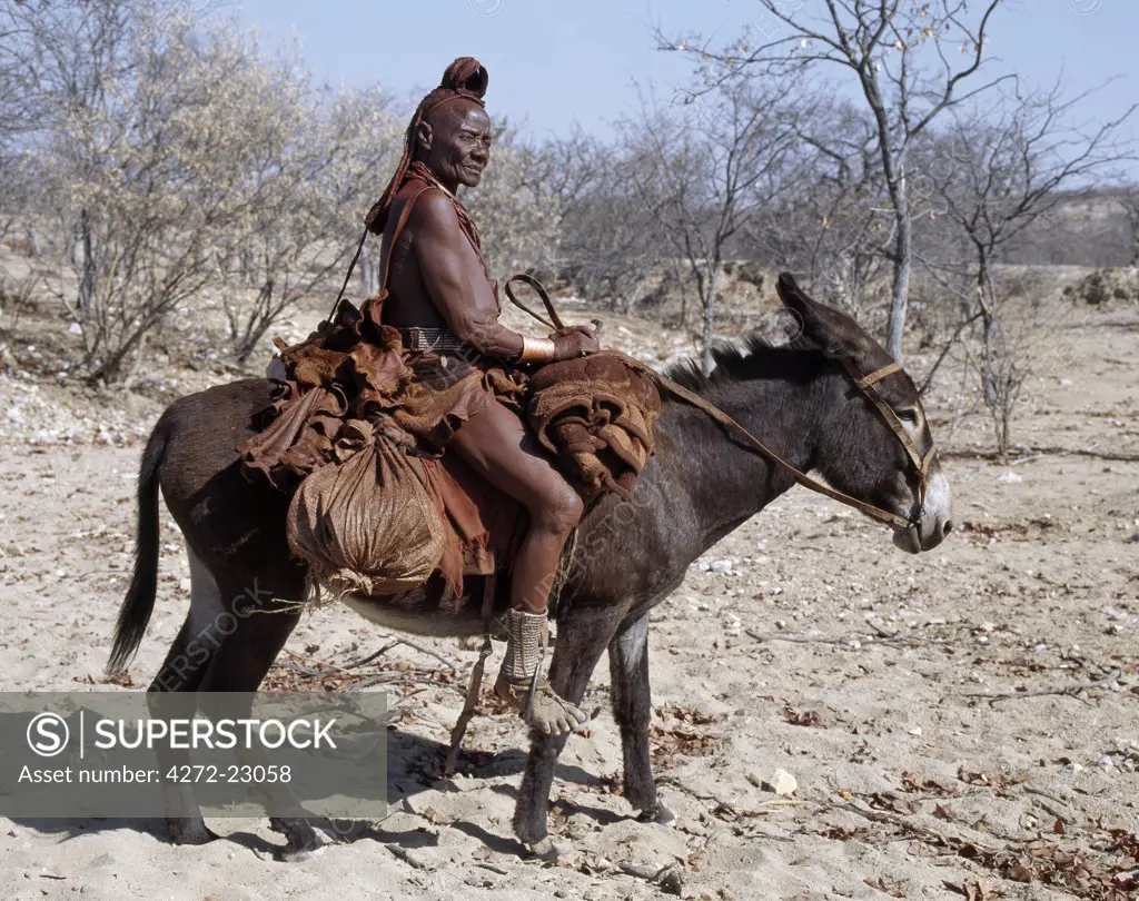 An old Himba woman, upright despite her years, rides her donkey through harsh land where mid day temperatures rise to 400C.   The Himba are Herero speaking Bantu nomads who live in the harsh, dry but starkly beautiful landscape of remote northwest Namibia.