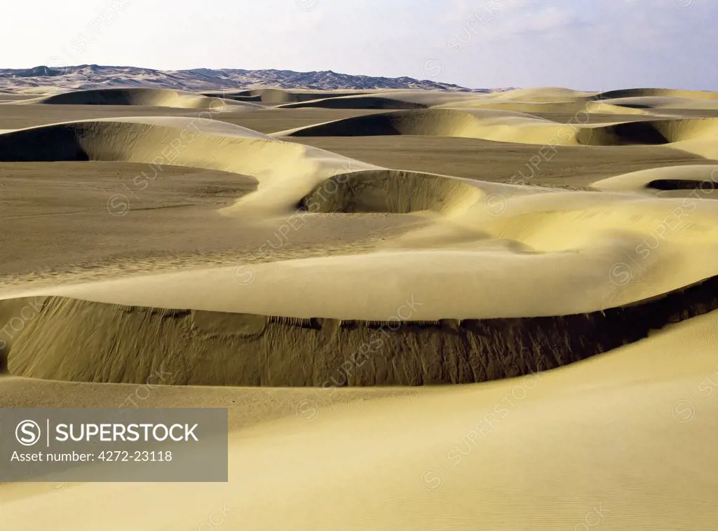 Beautiful sand dunes interspersed with areas of gravel grace the stark landscape in a private concession of the Skeleton Coast Park between Purros and the Atlantic Ocean.