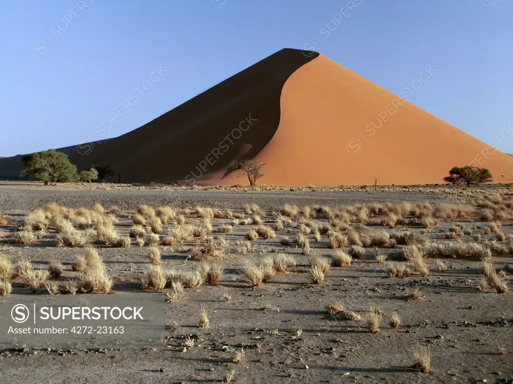 In early morning and late afternoon, the dunes at Sesriem in the Namib Naukluft Park, are breathtakingly beautiful. Patterned by, and shifting with, the wind, these dunes vary from brick red to apricot and forever change colour with the angle of the sun.