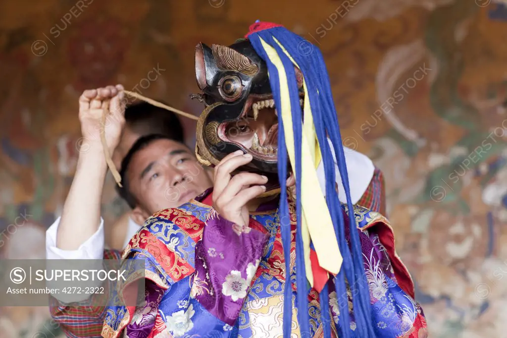 Participants prepare for the  Tamshingphala Tsechu in Bumthang Bhutan. Tsechu (literally 'day ten') are annual religious Bhutanese festivals