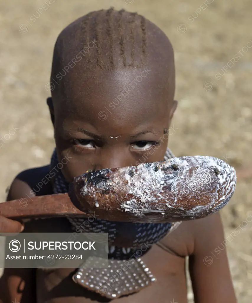 A Himba girl drinks milk from a wooden spoon. Her large, round necklace, studded with white beads, is called ombwari and is worn by both sexes.  The Himba are Herero-speaking Bantu nomads who live in the harsh, dry but starkly beautiful landscape of remote northwest Namibia.