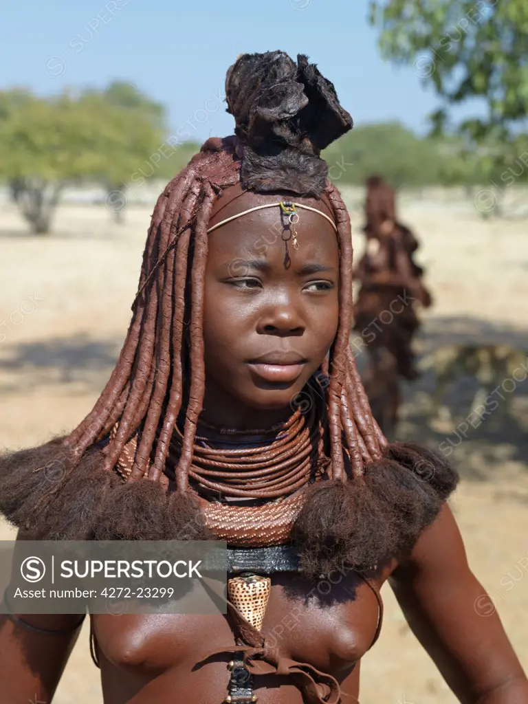 An attractive Himba woman in traditional attire. Her body gleams from a mixture of red ochre, butterfat and herbs. Her long hair is styled in the traditional Himba way and is crowned with a headdress made of lambskin, called erembe.