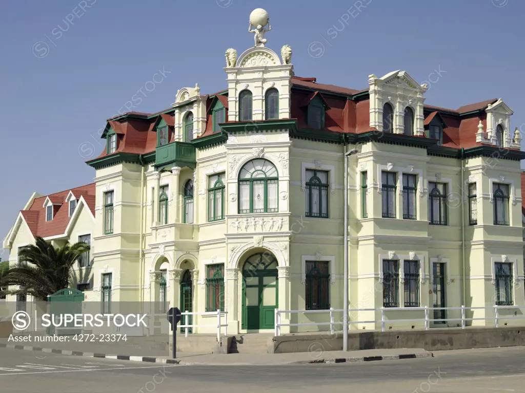 A fine old building in Swakopmund depicts the architecture of this seaside town on Namibia's windswept Atlantic coast. The place has a distinctly Teutonic flavour, reflecting the country's colonial past as the Protectorate of German South-West Africa from the late 19th century until the end of the Great War.