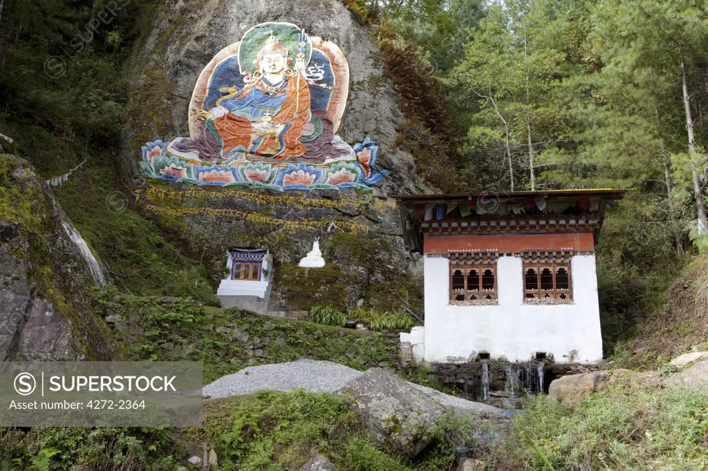 Painting of the guru Rinpoche on the way to the Tango monastery in Thimpu Bhutan