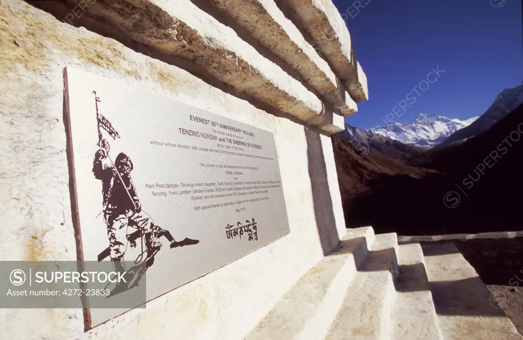 Plaque to the 50th Anniversary of the ascent of Mt. Everest on a gompa near Tengboche Monastery