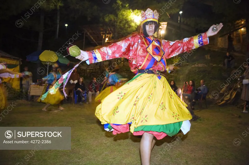 Asia, Bhutan, Thimphu, festival dancers at a cultural show