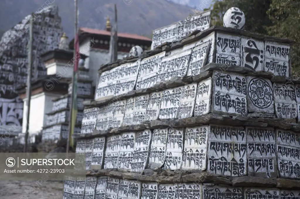 Nepal, Everest Region, Khumbu Valley. The Everest Base Camp Trek is marked by religous buddhist holy stones.