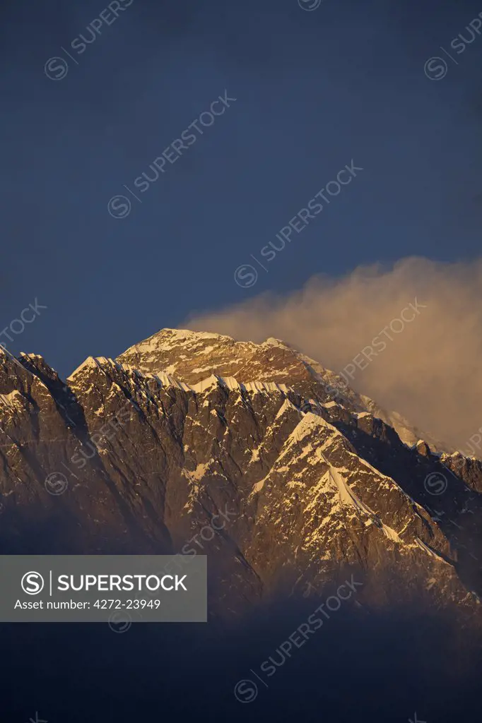 Nepal, Everest Region, Khumbu Valley. Mount Everest at sunset.