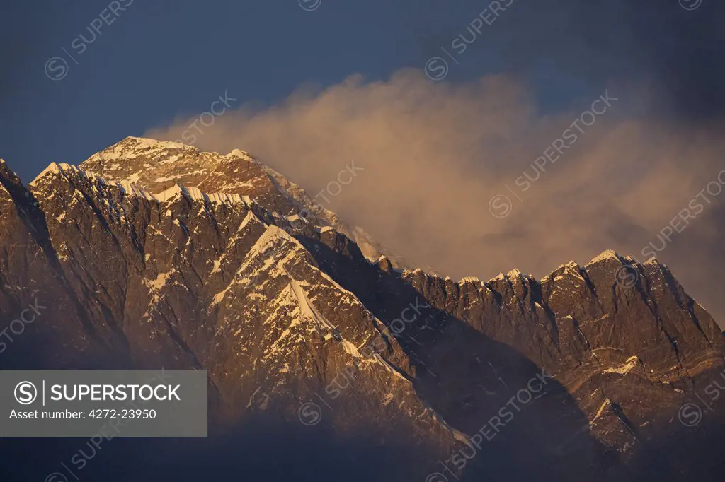 Nepal, Everest Region, Khumbu Valley. Mount Everest at sunset.