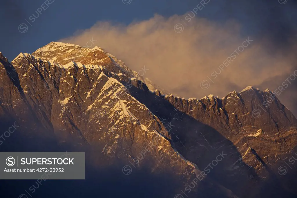 Nepal, Everest Region, Khumbu Valley. Mount Everest at sunset.
