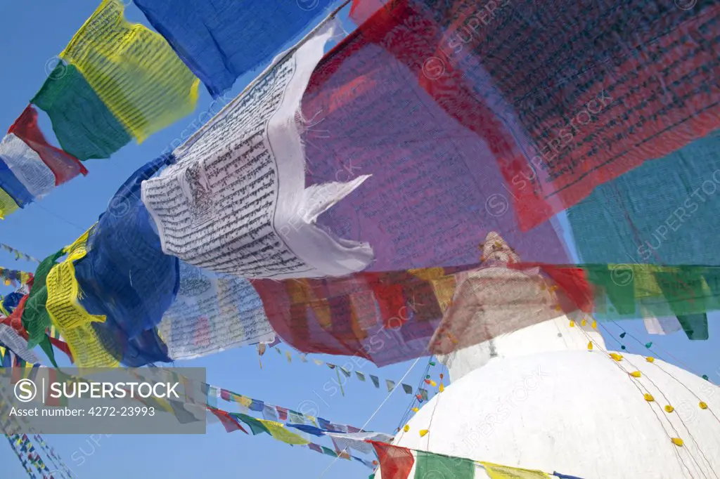 Nepal. Kathmandu,  Prayer flags of Boudinath Stupa one of the holiest Buddhist sites in Kathmandu