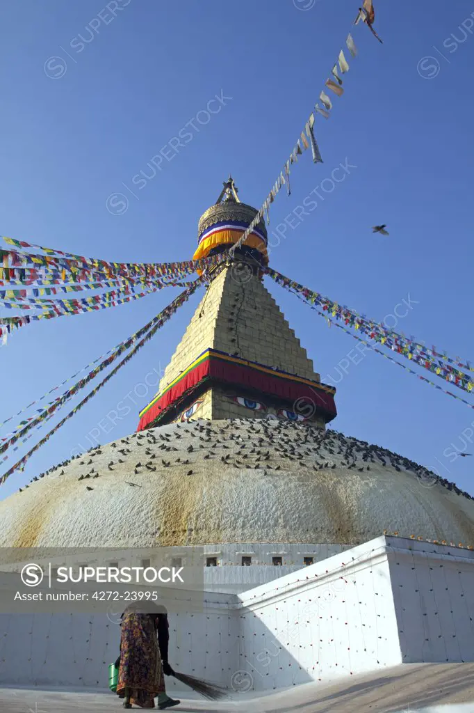 Nepal. Kathmandu, Boudinath Stupa one of the holiest Buddhist sites in Kathmandu and one largest stupa's in the world