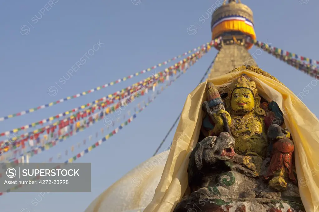Nepal. Kathmandu, Boudinath Stupa one of the holiest Buddhist sites in Kathmandu and one largest stupa's in the world and is now classed as UNESCO World Heritage Site.