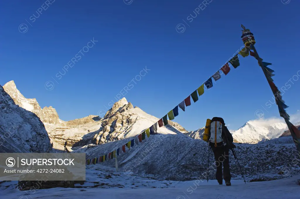 Asia, Nepal, Himalayas, Sagarmatha National Park, Solu Khumbu Everest Region, Unesco World Heritage, Machherma, hikers on snow covered trail, (MR)