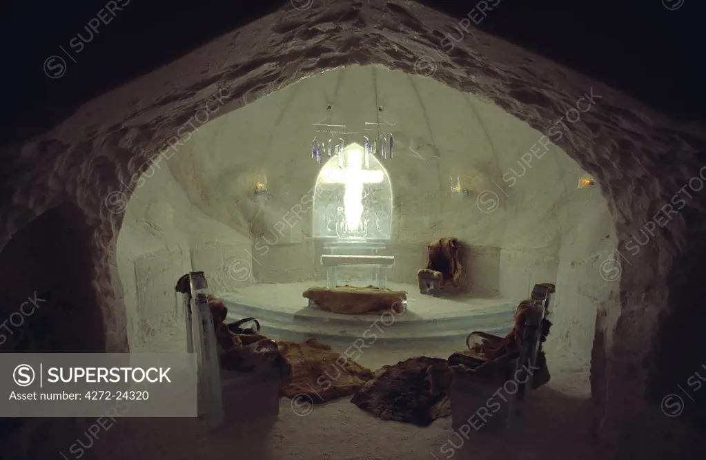 Interior of the chapel of the Alta Ice Igloo Hotel, Alta, Arctic Circle,Northern Norway