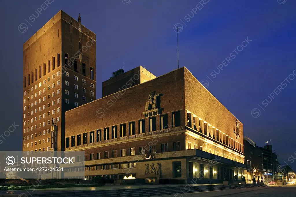 Norway, Oslo, Norway, Aker Brygge, Oslo Town Hall designed by Arnstein Arneberg and Magnus Paulsson .