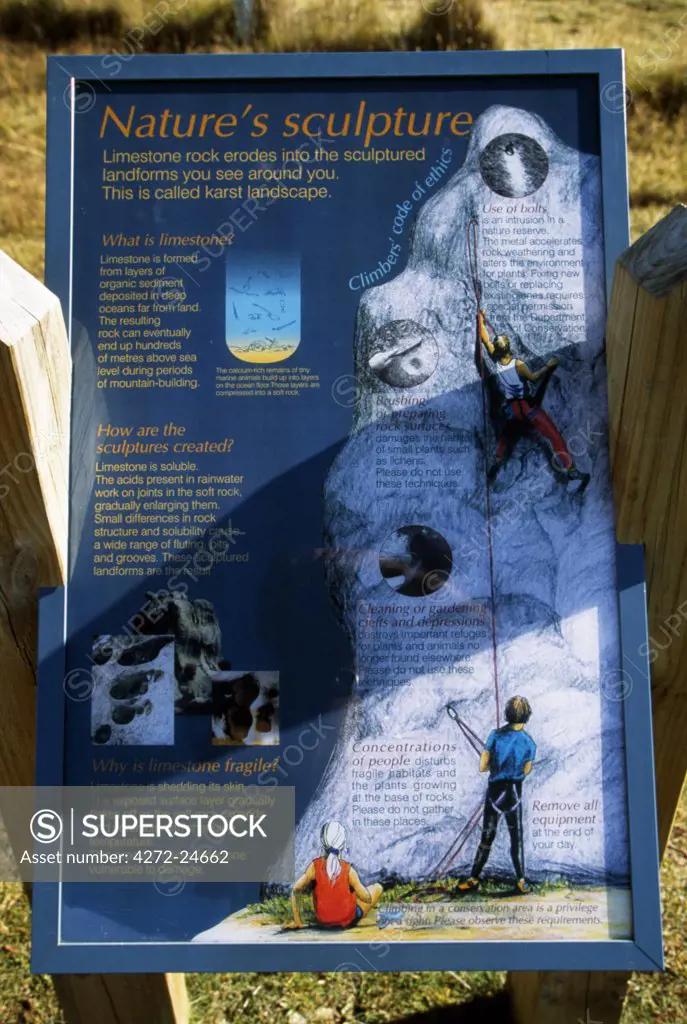 Climbers information board at Castle Hill on the Arthurs Pass road, Canterbury Region, South Island, New Zealand.