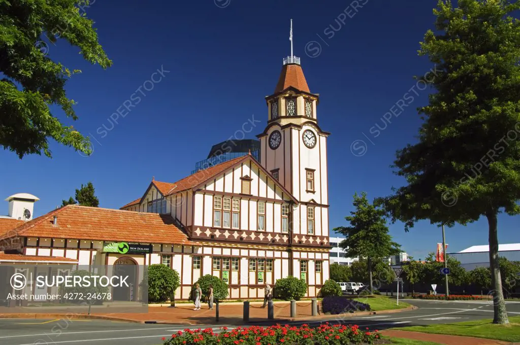 New Zealand, North Island, Rotorua, The Tourist Information Office building and mock tudor Clock Tower is a local landmark.