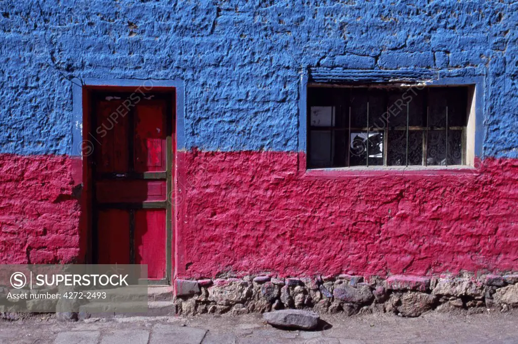The brightly painted wall of a house in the village of Tahua on the northern shore of the Salar de Uyuni, the world's largest salt flat.