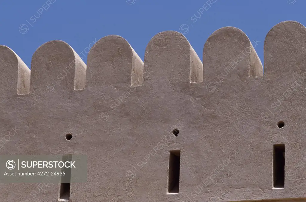 Architectural details of the crenellated walls of the castle at Jaalan Bani bu Hasan