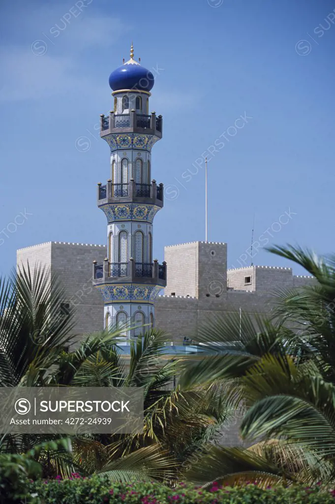 The tall minaret of the private mosque within Sultan Qaboos's palace in Salalah.